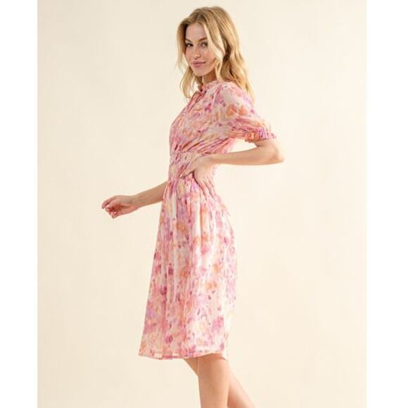 And The Why Smocked Waist Detail Printed Short Sleeves Midi Dress | Pink - Picture 3 of 6